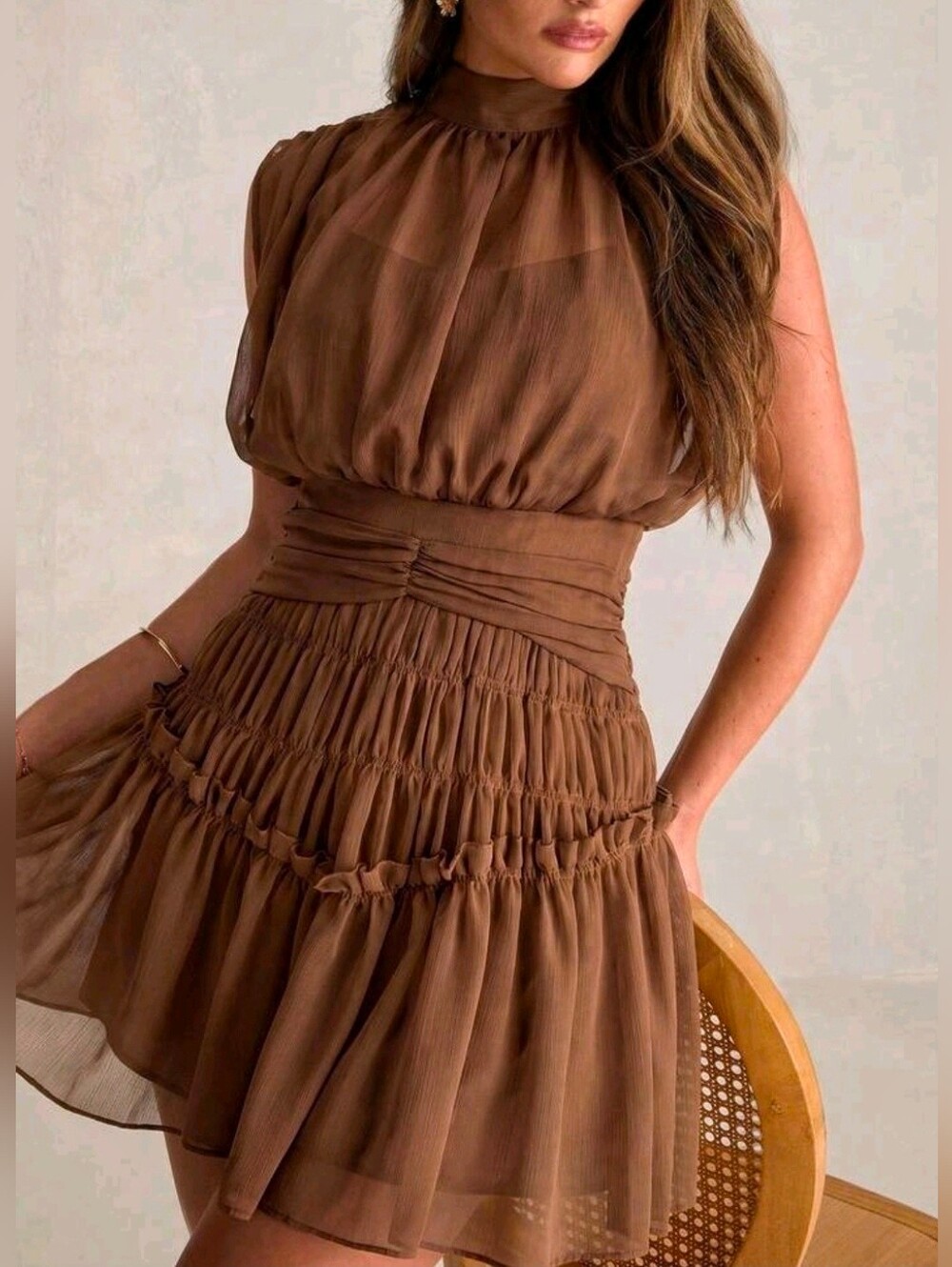 New Flowy Chiffon Smocked Waist Tie Back Halter Short Dress Brown Latte - Picture 5 of 9